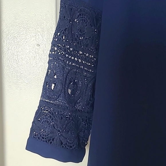 SHEIN Navy Smocked Midi Dress Ruffle Collar Lace Trim XS - Picture 12 of 17